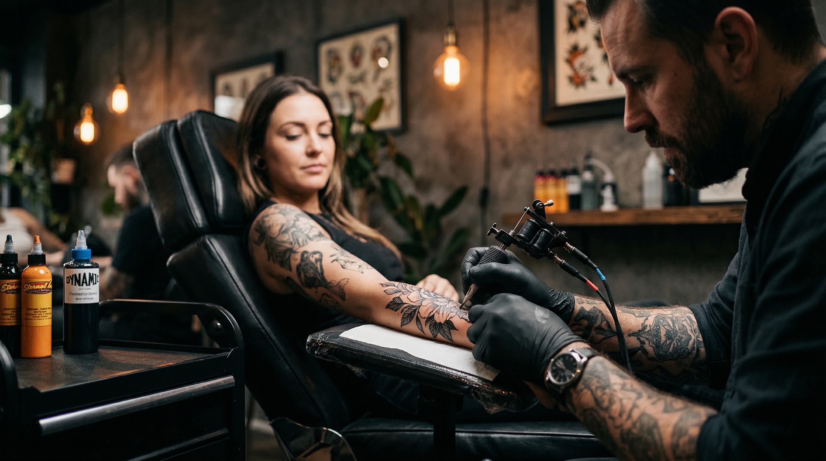 Tatuador trabalhando em estúdio profissional